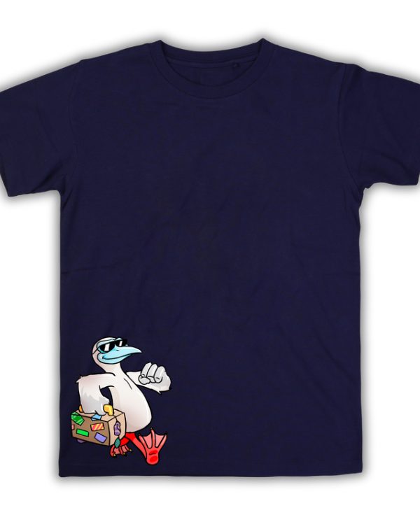 Es una camiseta del piquero de patas rojas que habita en las Islas Galapagos, plasmado en la camiseta para niños de una forma caricaturizada y adaptada a la personalidad de "un viajero super divertido".