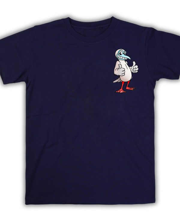 Es una camiseta del piquero de patas rojas que habita en las Islas Galapagos, plasmado en la camiseta para niños de una forma caricaturizada y adaptada a la personalidad de "optimismo".